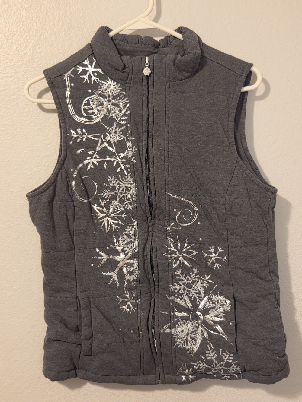 Christopher & Banks Gray Quilted Vest with Silver Snowflake Motif